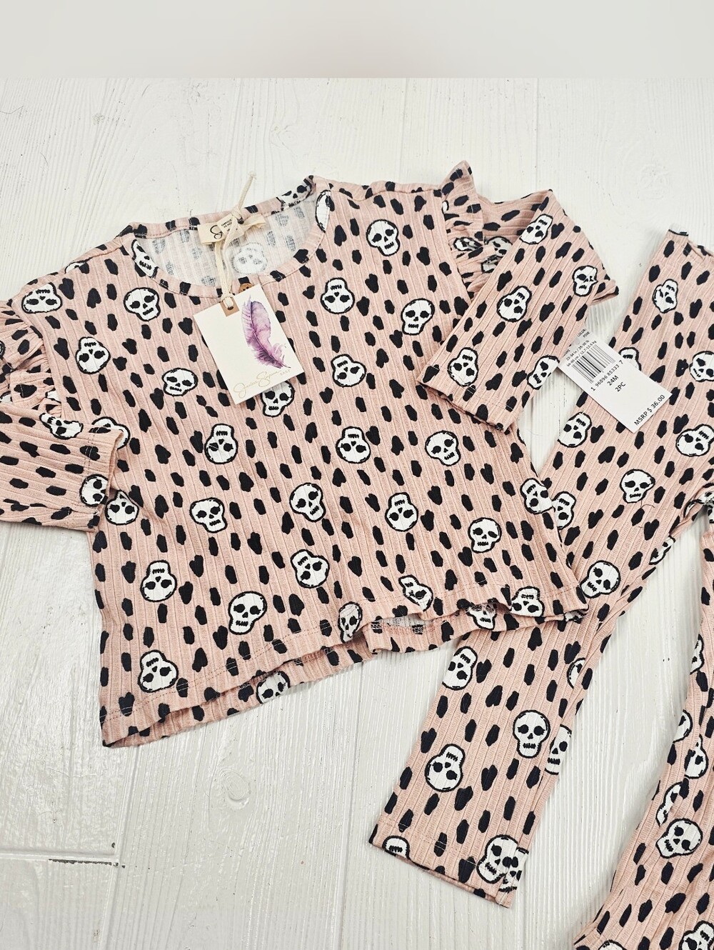 Jessica Simpson 24M Ruffle Ribbed Pink Skull Outfit. New With Tags